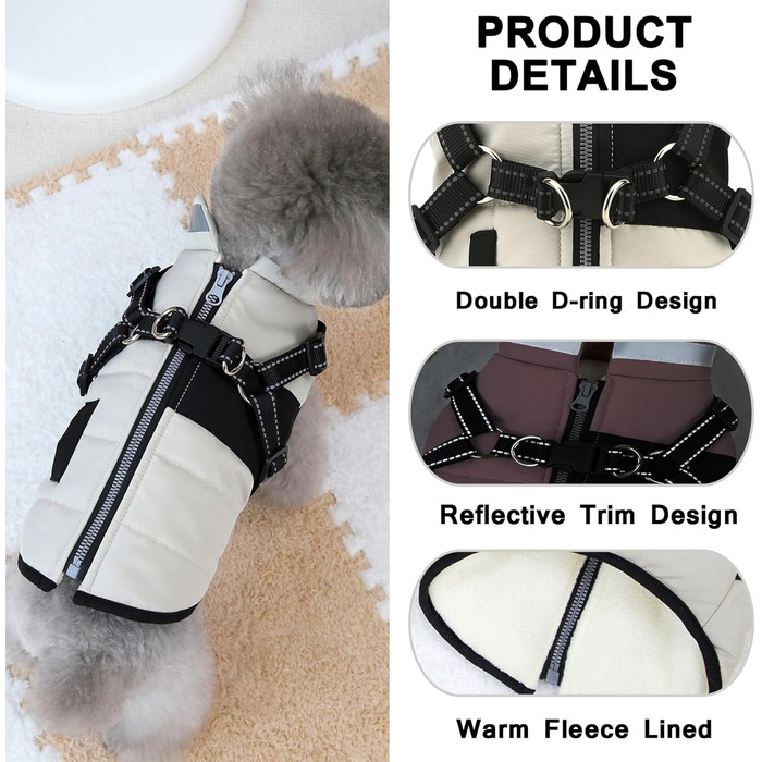 Теплий халат для тварин SMALLLEE_LUCKY_STORE з підкладкою з флісу, спортивна зимова куртка, жилет з повідком, D-подібний кільце, для маленьких собак та котів, світловідбиваючий, на блискавці, з підкладкою, чихуахуа, йоркширський тер'єр, (кремовий, L)