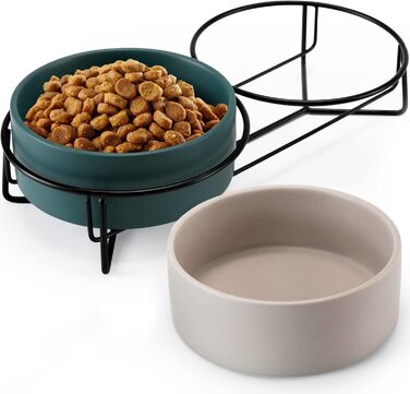 Набір мисок для котів PETTOM з підставкою (2 шт.), кераміка, захист шиї, зелений + сірий