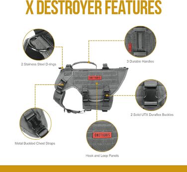 Тактична антизривна шлейка для собак OneTigris X Destroyer, регульована, з 3 ручками та 2 металевими пряжками, безпечна, сіра, розмір L