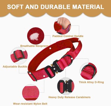 Нашийник для собак Vivi Bear тактичний, регульований, з контролем, нейлон, неопрен, для великих собак, червоний, розмір L