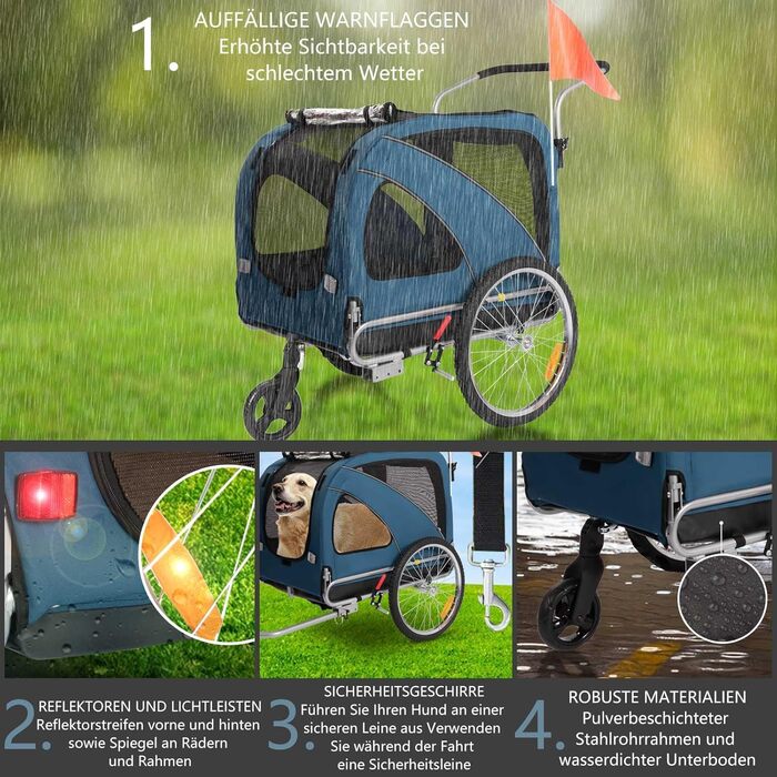 Причеп для собак XL 2-в-1 для велосипеда та візка, з гальмом та світловідбивачами, матеріал 600D Oxford, до 40 кг (Блакитний)