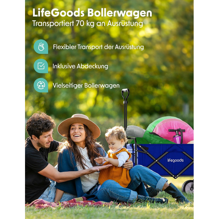 Візок-тачка LifeGoods складний, 98x45 см, блакитний – 94 л, колеса з гуми, 360°