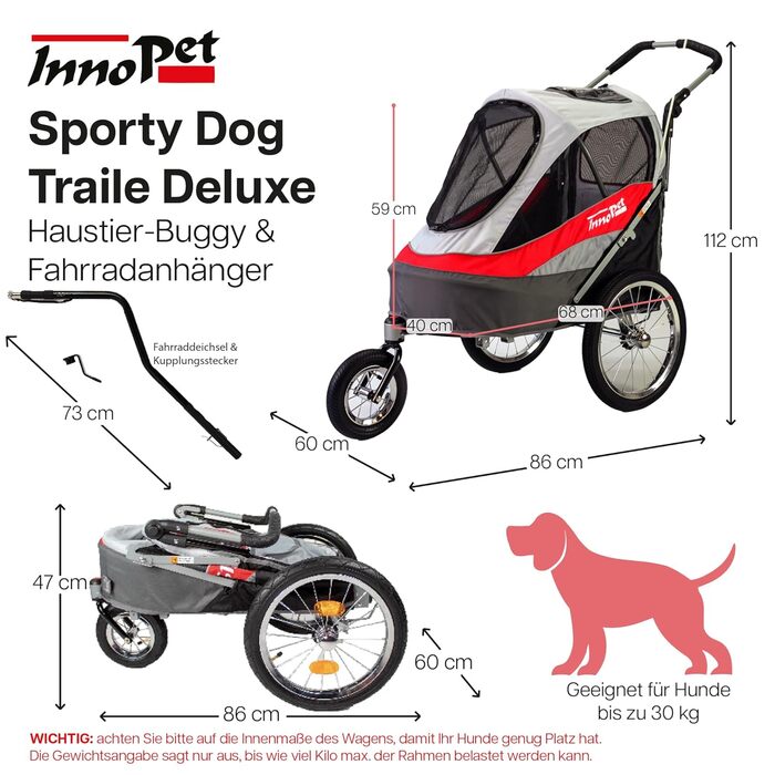 InnoPet® Sporty - прогулянка для собак: коляска-причіп, складна, з повітряними колесами, з капюшоном, багато кольорів