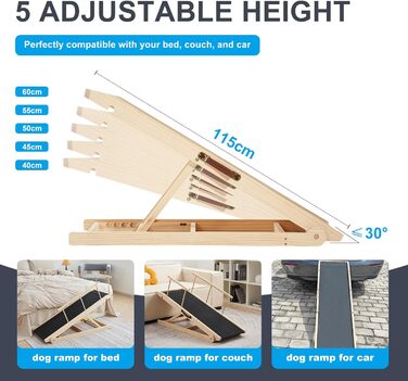 Рампа для собак на ліжко та диван, 5 ступенів, регульована, для маленьких та великих собак (дерево, 115 см)