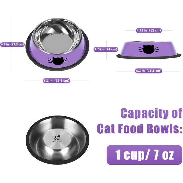 Набір з 2 мисок для котів з нержавіючої сталі, неслизькі, для маленьких котів, міцні, 200 мл, знімний гумовий каркас, легко миються, гарний колір