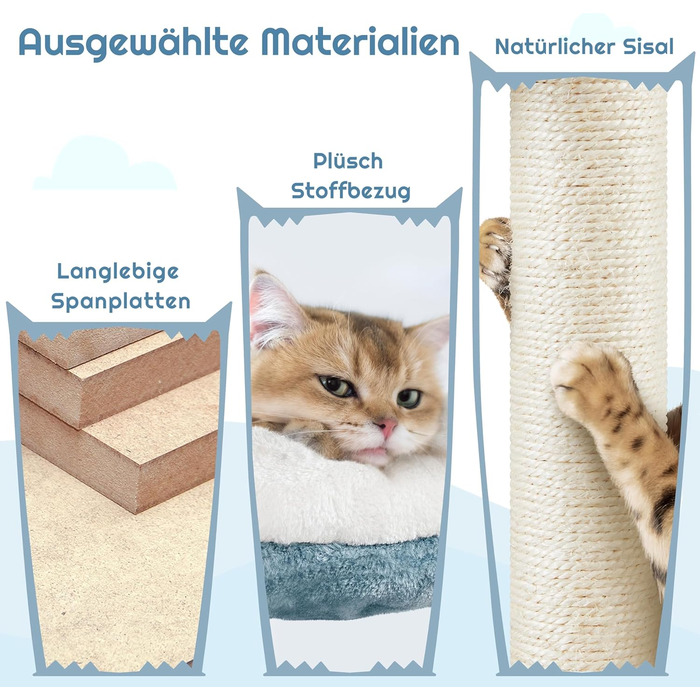 Котячий комплекс Yaheetech Meer Kratzbaum, великий, сучасний дизайн 'Океан', з гамаком та мотузкою з сизалю, 115 см, блакитно-білий