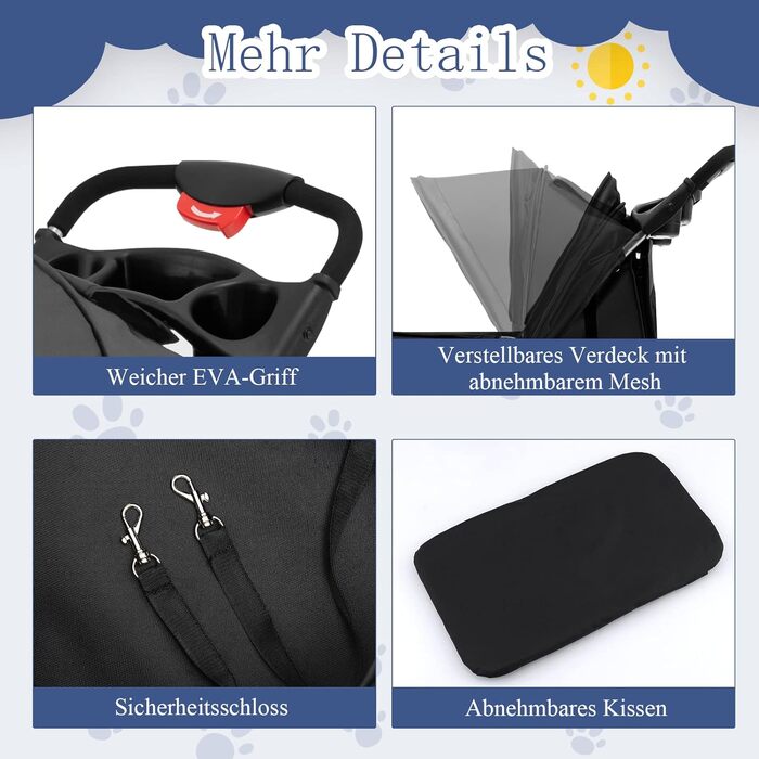 Візок для тварин GYMAX: розкладний візок для котів/собак до 15 кг, з кошиком для зберігання, захистом від дощу та сіткою, 4 колеса, чорний