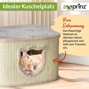 Преміум будиночок для котів Zooprinz – котячий кошик з товстими сизалевими стінами, печерка з м'яким плюшем та іграшкою, котячий будиночок у скандинавському стилі (Бежевий)