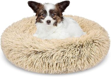 Заспокійливе ліжко для собак, у формі пончика, з плюшу, з блискавкою, придатне для прання в пральній машині, для маленьких собак, котів, кошенят та цуценят, 50 см (M/60 см, Бежевий)