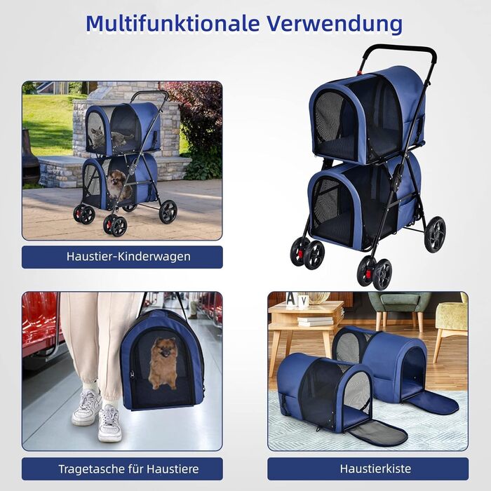 GYMAX Складаний візок для собак, буги для тварин з 2 знімними кишенями, візок для собак з передніми та задніми дверцятами, переноска для домашніх тварин з сітчастою тканиною та колесами з гальмами, переноска для собак та котів (Блакитний)