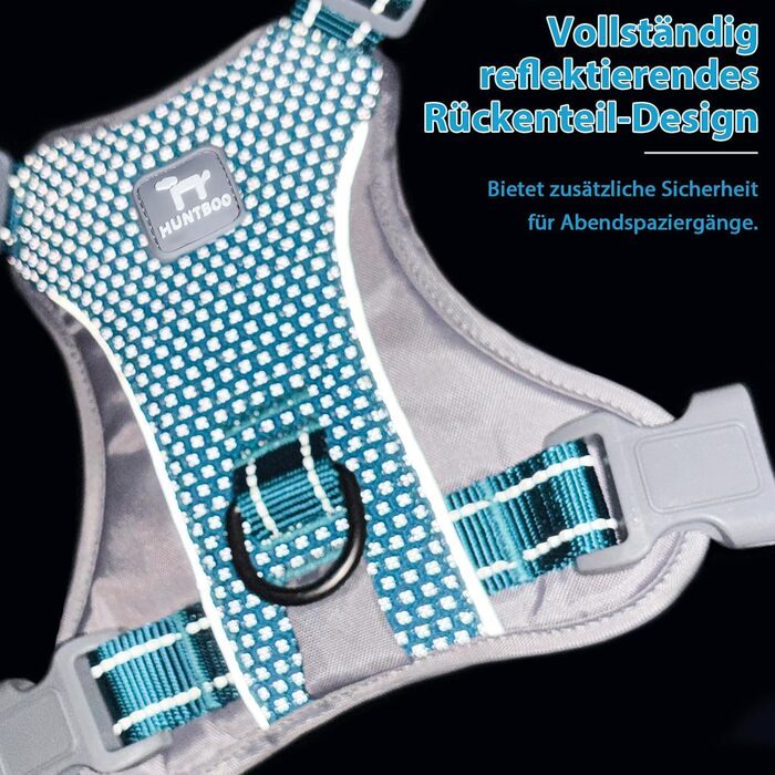 Шлейка для собак Huntboo Anti-Zug, для малих, середніх та великих собак, не тягне, світловідбиваюча, з 2 карабінами, регульована, для тренувань та бігу (M, синій)