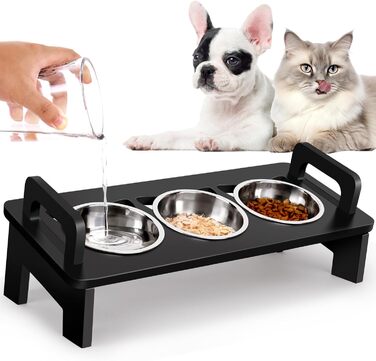Підвищений годівниця для котів, 3 годівниці з нержавіючої сталі, нахил 15°, набір для котячого корму та води, проти блювоти, для котів, чорний