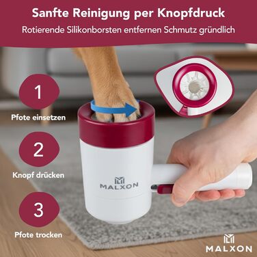 MALXON® Очищувач лап для котів та дрібних собак | Розутачі лап з обертовими силіконовими щетинками | М'який та швидкий, ідеальний для маленьких лапок | Включає мікрофіброве полотно | Рожево-білий (Фіолетово-білий)