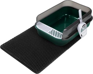 PETLIMA® Відкрита туалетна коробка для котів 50,5x34,5x18,5 см з високим бортом, вентиляцією, совком, ґраткою та килимком для чистоти, для кошенят та малих котів, зелена