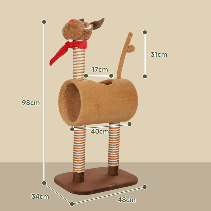 PawHut Cat Tree 98 см Котяча вежа в дизайні оленя, з печерою, ігровим м'ячем, джутовими стовбурами, кігтеточкою для кішок, лазить по дереву, для середніх кішок, коричневий | Аосом