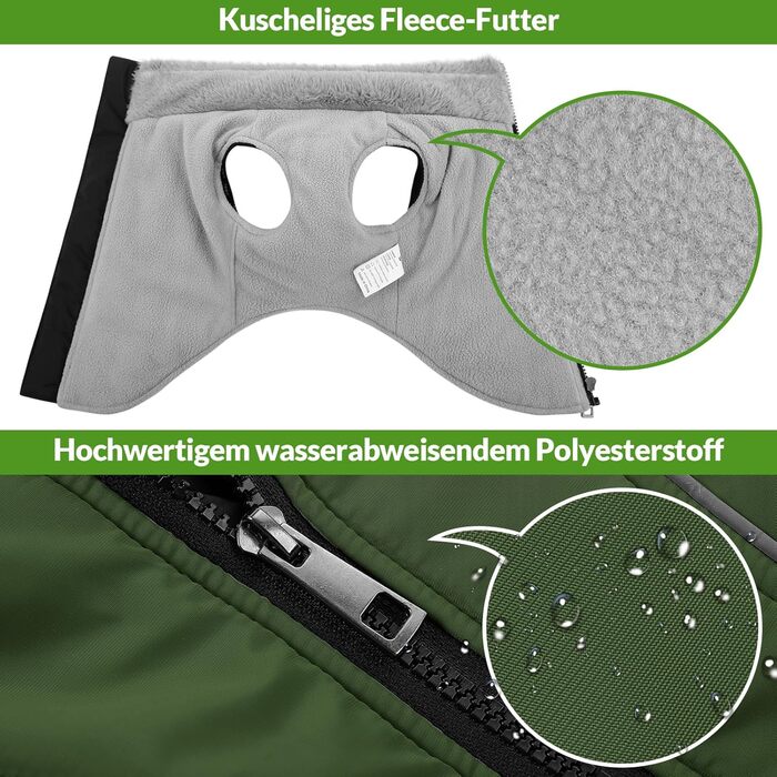 Зимовий теплий одяг для собак Konvinit: куртка з флісу з кріпленням для повідка, світловідбиваюча, для середніх собак, розмір M (53 см обхват грудей), колір зелений