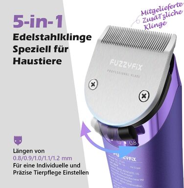 Професійна машинка для стрижки собак FuzzyFix з запасним лезом, 5-в-1, знімає шерсть з собак, котів та коней, лілова