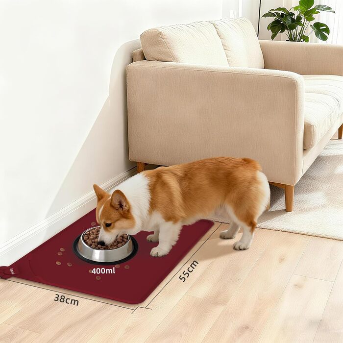 Водонепроникний килимок для годування домашніх тварин з високими бортиками, 55 x 38 см, силіконовий, нековзний, для собак, котів, запобігає розливанню води (Вулкан-червоний)