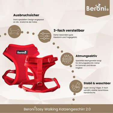 Шлейка для котів Beroni® з повідцем, анти-втеча, регульована, для великих та малих котів, для балкону та саду (Червона, M)