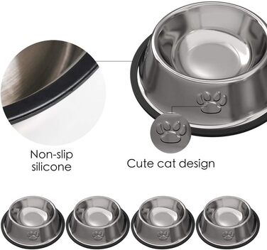 Набори мисок для котів з нержавіючої сталі, 3 шт. - для корму та води, з гумовим дном