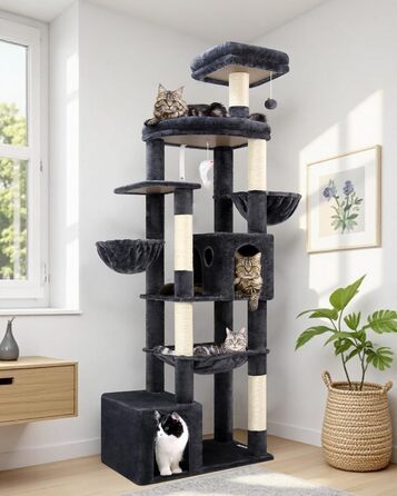 Драбина для котів Globlazer 193 см з будиночком, гамаком, великою платформою та іграшками. Стабільна для 3-5 котів (XXL, темно-сірий)