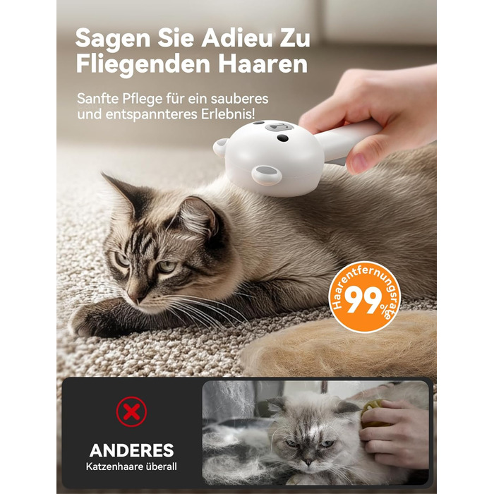 Щітка для котів FEELNEEDY з парою, електрична щітка для котів з кнопкою випуску води, резервуар для води, для котів з довгою та короткою шерстю та собак, USB-зарядка, двошвидкісна функція розпилення (біла)