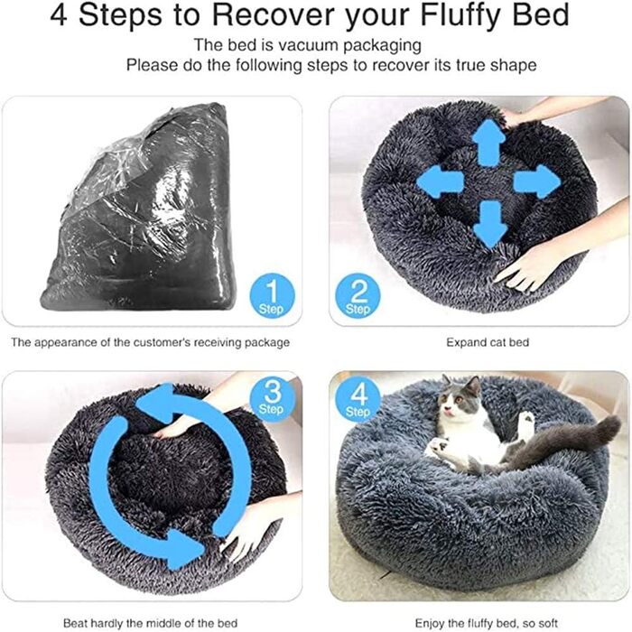 Кругле ліжко для собак FANSU з м'якого плюшу, ковзаюча база, ліжко для котів у формі пончика, розмір та колір обираються (Теплий сірий, 60 см)