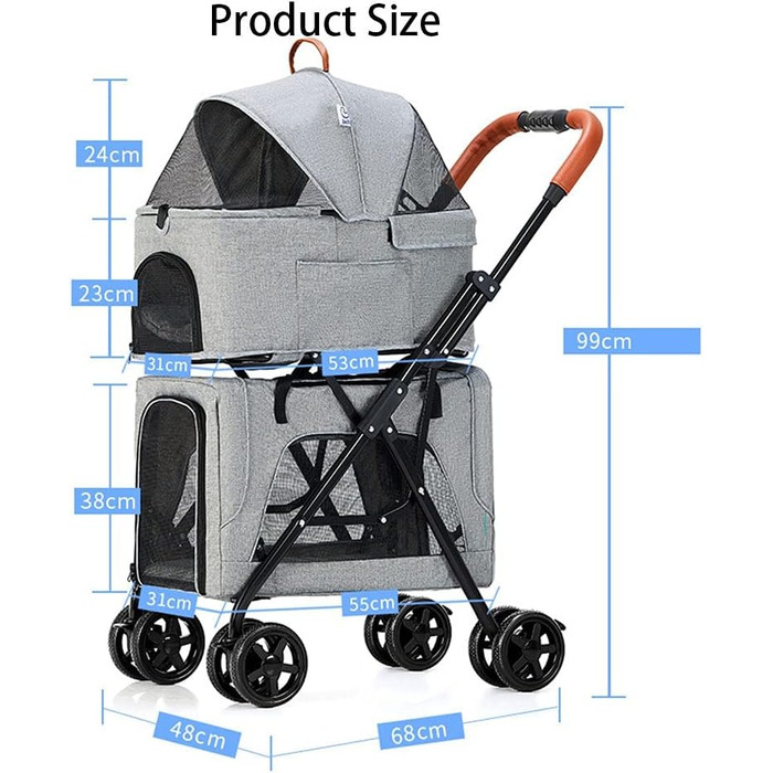 Двоповерховий візок для домашніх тварин, багатофункціональний 3-в-1, візок для котів, складаний візок для собак, для маленьких собак, легко складається, з переднім доступом, візок для 2 собак (сірий, розмір B)