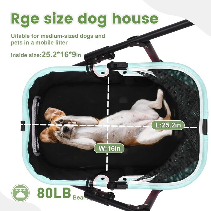 Дитяча коляска для собак з 4 міцними колесами, складна, з регульованою ручкою, подвійна місткість, вагон-переноска з передніми дверцятами, для маленьких собак (Блакитно-зелений)