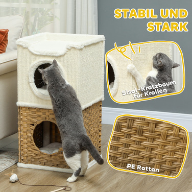 PawHut Scratching Barrel висотою 75,5 см Триярусна бочка для кішок з плюшевим краєм, подушка, котяча печера, котяче дерево для середніх кішок, кремово-біле | Аосом