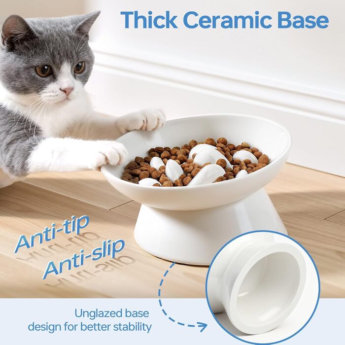Керамічна миска для котів з підняттям, протиковзаюча, для повільного годування, біла