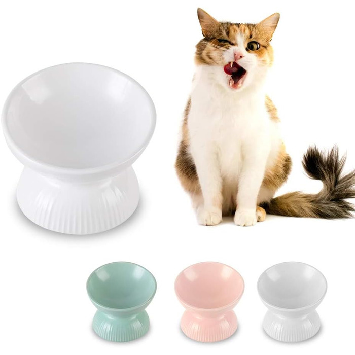 Підвищена годівниця для котів з кераміки, нахилена – проти блювоти, 280 мл, діаметр 15,5 см, білий колір