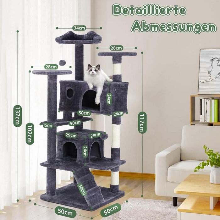 Дерев'яний комплекс для котів DUMOS з сизалевим покриттям, 135 см. Кліматична колона, кігтеточка, будиночок для котів. Активізує котів будь-якого віку (Бежевий, Темно-сірий)