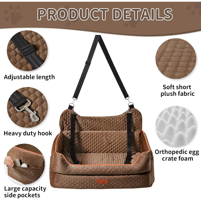 Автокрісло для собак великих та середніх порід – підвищення для собак з Memory Foam, до 25 кг або 2 маленькі собаки, знімний та пральний лежак з товстим матрацом та кишенями для зберігання, Рожевий (Large, Коричневий)