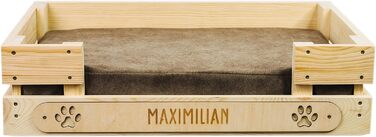 Персоналізоване ліжко для котів LAUBLUST з іменем - гравіювання лапок та імені - котяче ліжко/софа для великих та маленьких котів | Ліжко-лежанка з дерева з подушкою | приблизно 60x40x15см, коричневе з коричневою подушкою