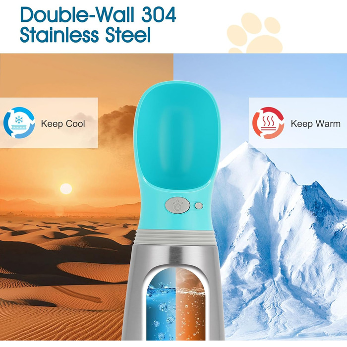 Портативна пляшка для води для собак, 680 мл, нержавіюча сталь, без витоку, диспенсер для води та корму для цуценят, для подорожей, прогулянок, походів та активного відпочинку