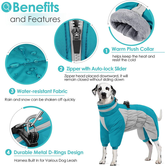 Зимовий комбінезон для собак AOFITEE - водонепроникний теплий одяг для великих собак з отвором для шлейки, теплий зимовий костюм для собак, підходить для Французького Бульдога (3XL, блакитний)