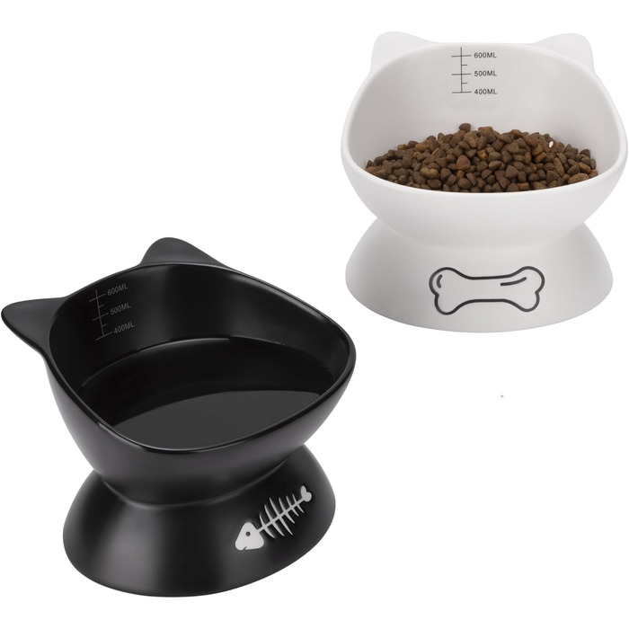 Набір мисок для котів Navaris: 2 миски по 400 мл з позначеннями об'єму, піднята годівниця, кераміка, стильний дизайн