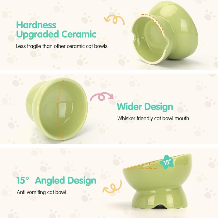 Керамічні годівниці для котів Nobleza (2 шт) з нахилом 15°, анти-блювотні, для корму та води, підходять для котів та маленьких собак, білий колір