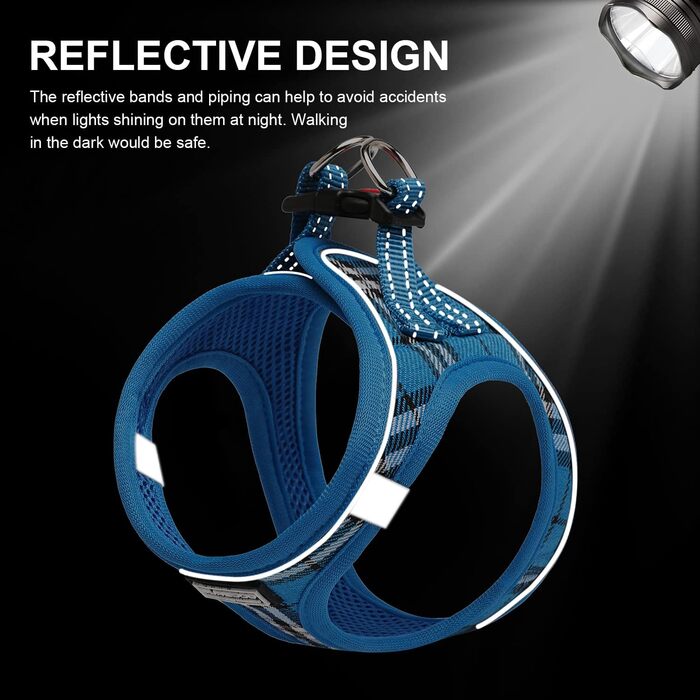 Нашийник для собак маленьких порід з повідком, анти-тягнучий, світловідбиваючий, дихаючий, нагрудник для цуценят (S, обхват грудей: 29-33см) (Синій в клітинку, XL (обхват грудей: 46-53см, вага: 8-10.5кг))