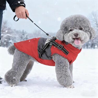 Тепла зимова куртка для собак середніх та маленьких порід, вітронепроникна, з шлейкою, для активного відпочинку та катання на лижах (червона, розмір S)
