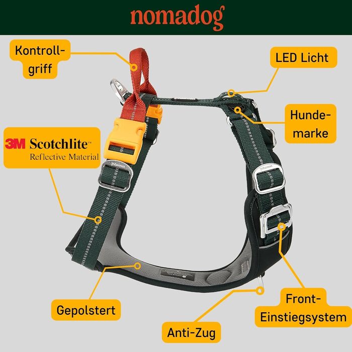Шлея для собак Nomadog Trailblazer, антивитяг, з м'якою підкладкою та ручкою, регульована, відбиваюча, алюмінієві кільця, для активних собак середніх порід (M)