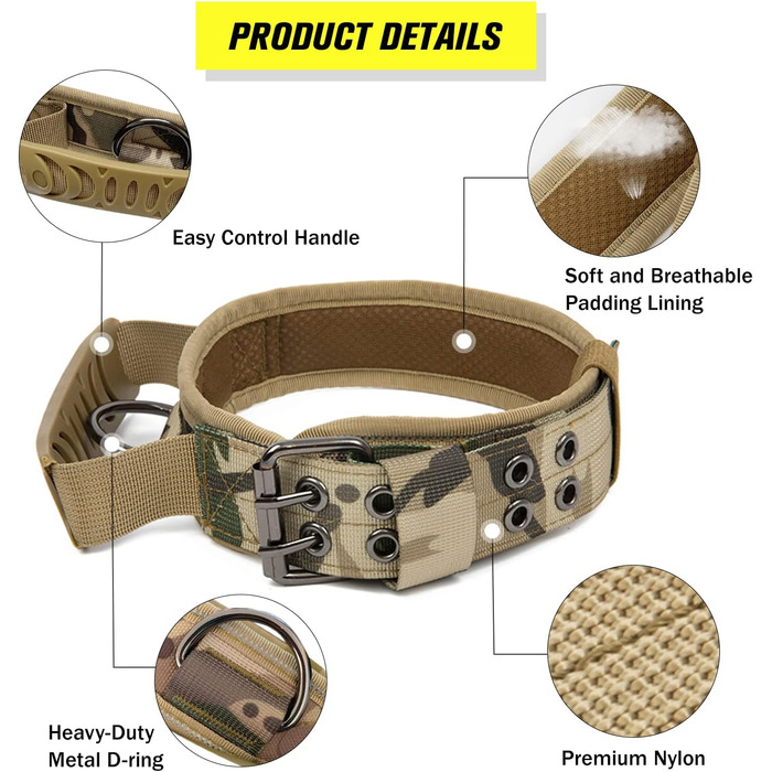 Тактичне нашийник для собак з ручкою та поводок, військовий нашийник з м'якою підкладкою з нейлону, регульований нашийник для середніх та великих собак (M, камуфляж)