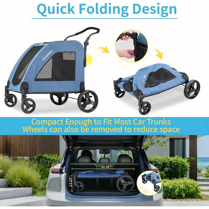 Візок для собак EchoSmile, середній та великий розмір, до 70 кг, складаний, з сітковими вікнами, регульована ручка, 4 проходимі колеса (блакитний)