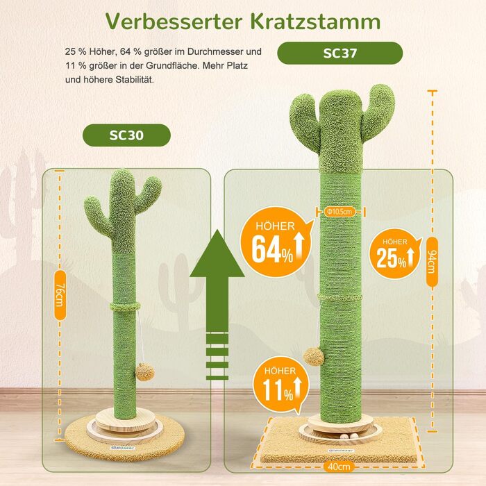 Котячий комплекс Globlazer Kaktus Grun XXL: стійка з сизалю 94 см, іграшки, для великих котів