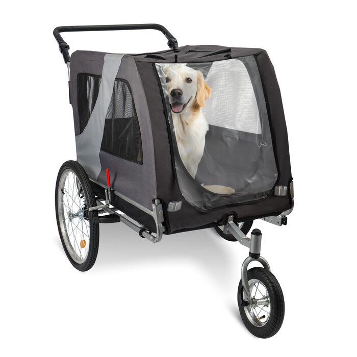 Причіп для собак 2-в-1 (велосипедний + візок) до 45 кг – міцний, з колесами, прапором безпеки та захистом від вітру/дощу
