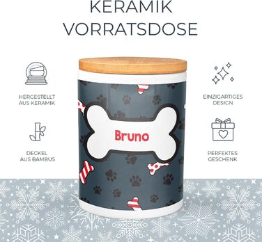 Набір для годування собак PICANOVA з іменем: миска та контейнер для ласощів у різдвяному дизайні. Керамічний набір для собак як подарунок для власників домашніх тварин. Дизайн Candy Bones.