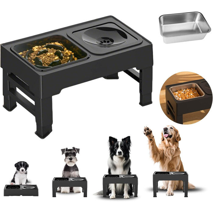 Підвищений годівниця для собак з регульованою висотою, 1600 мл, нержавіюча сталь, антизадушливий та повільне годування, для собак маленьких, середніх та великих порід