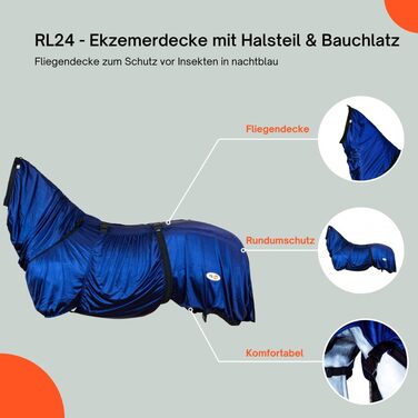 Екземерна ковдра для коней з нашолобником та захистом живота – ковдра від комах з дрібною сіткою, подвійний фронтальний замок та підв'язки для ніг – ковдра для коней для активного відпочинку у нічному блакитному кольорі – 125 см, нічний блакитний 125 см