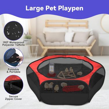 Pawaboo Freigehege для дрібних тварин: вольєр для кроликів, котів, собак, хом'яків, курчат. Зручний, водовідштовхуючий, складаний, з сіткою та нейлоновим дном. Червоно-чорний колір